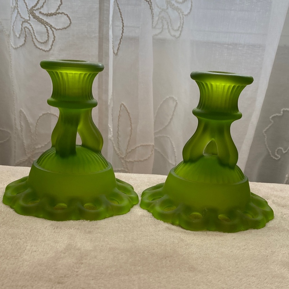 Green Frosted Glass Candle Holders - Pair